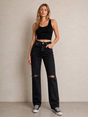 AGOLDE Black Distressed Jeans Size 27 High Rise Straight Leg Raw Hem 90s Style